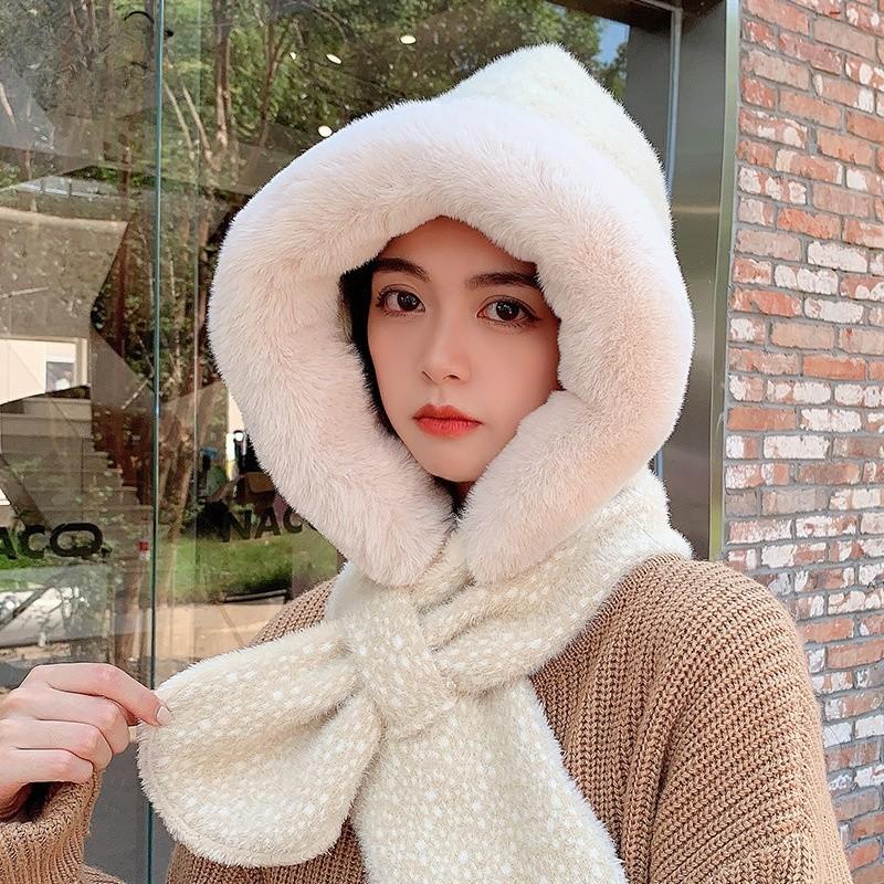 Winter Plush Hat With Scarf For Adults Pure Color Cozy Windproof Korean Style