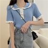 Женский свитер с лацканами в стиле колор-блок на весну и лето, новый милый дизайн с деревянными ушками, тонкий топ с короткими рукавами