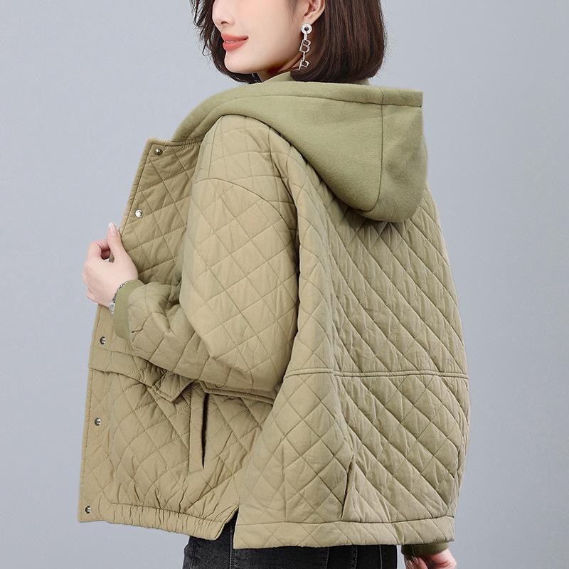 Women's Argyle Hooded Cotton Jacket 2024 - Thickened Short Coat for Autumn/Winter, Petite & Middle-Aged Styles