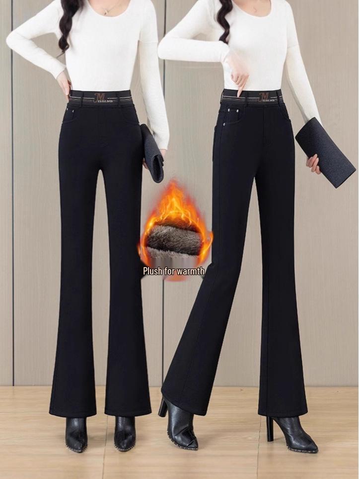 High-Waisted Fleece-Lined Women's Flared Denim Pants, Slim Fit with Elastic Waistband, Warm and Comfortable