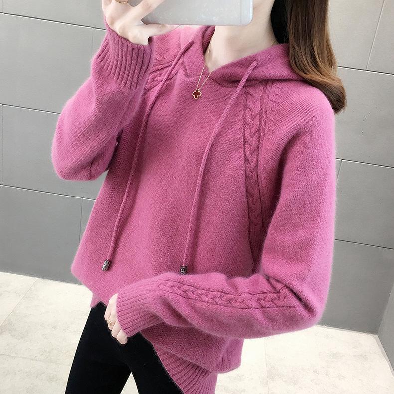 Осенне-зимний женский свитер, свободный пуловер с ленивым ветром, вязаный свитер с капюшоном и длинными рукавами