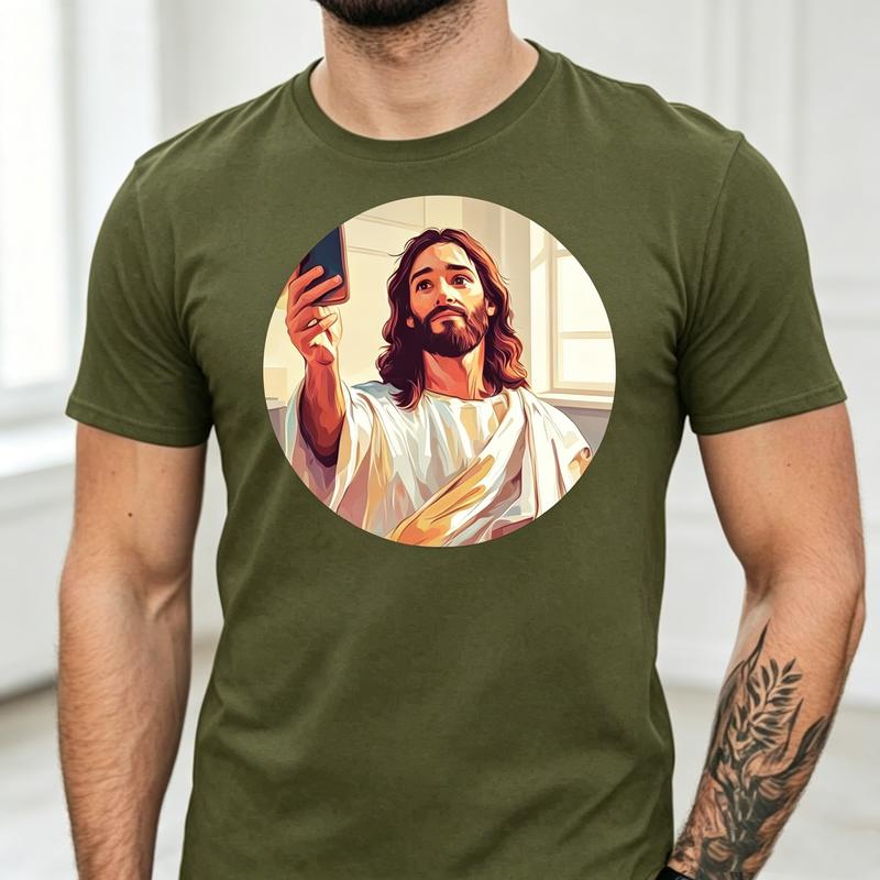 Funny Jesus Selfie Graphic T Shirt Unisex Soft Cotton Crew Neck Short Sleeve Trendy Casual Tops For Christians And Humor Fans