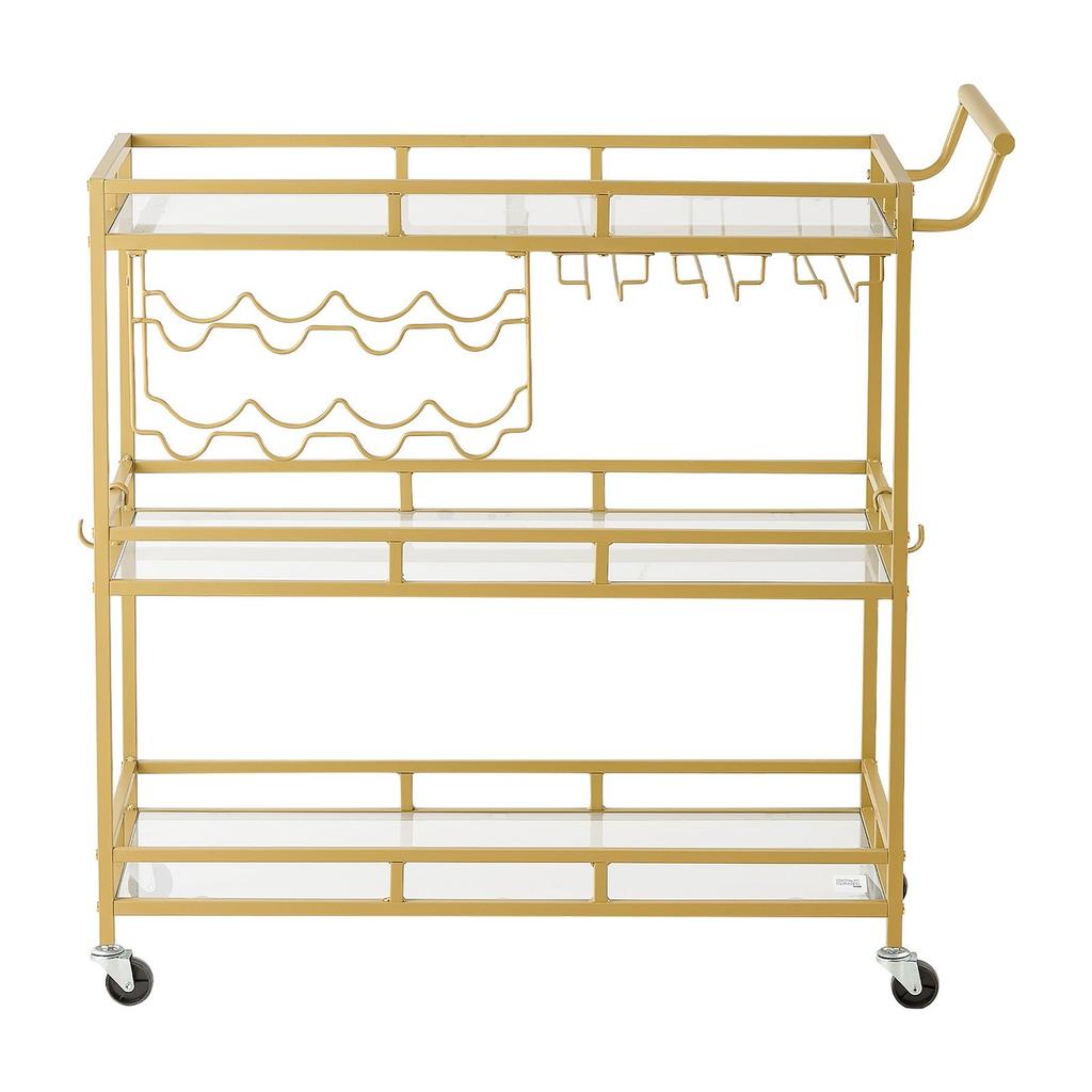 Bar Cart, 3 Tiers Home Kitchen Serving Carts, Modern Rolling Utility Station on Wheels, Drink Beverage Trolley with Tempered Glass Shelves, Wine Rack,