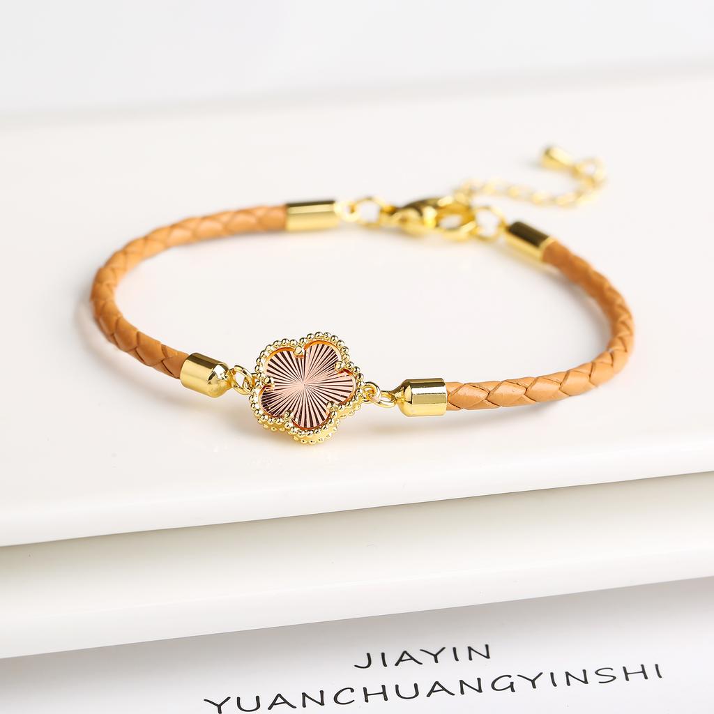 Классический плетеный браслет с натуральными камнями и подвеской «Пятилистник» из натуральной кожи для женщин, девушек, на вечеринку, свадьбу, ювелирный подарок