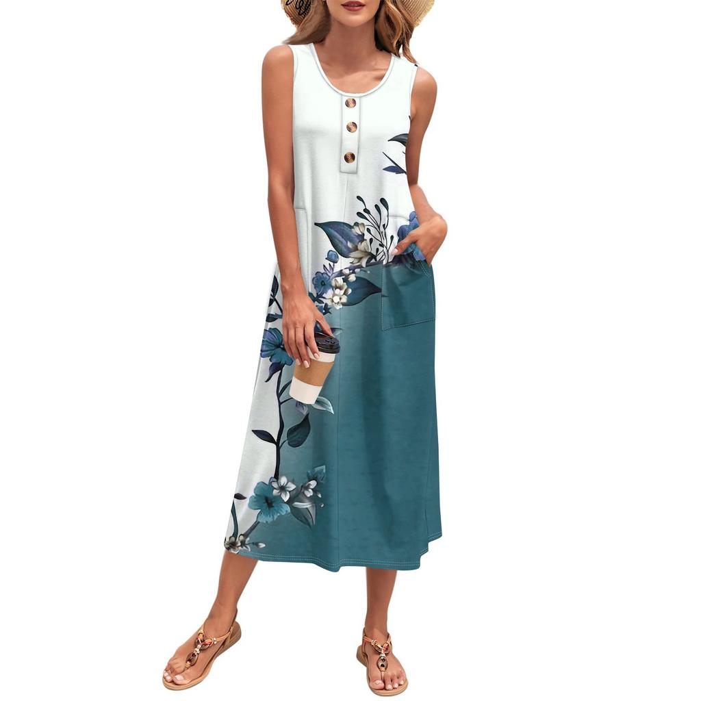 Женское летнее платье с цветочным принтом без рукавов на пуговицах, повседневный свободный длинный пляжный сарафан