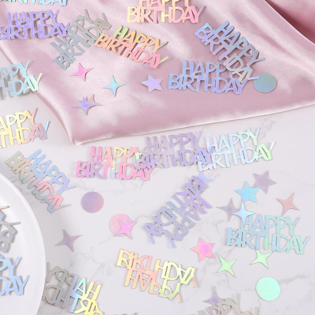 BOXOB 280pcs Iridescent Confetti - Happy Birthday, Circle, Star Shapes - Paper Material - Perfect for Birthday Parties & DIY Crafts