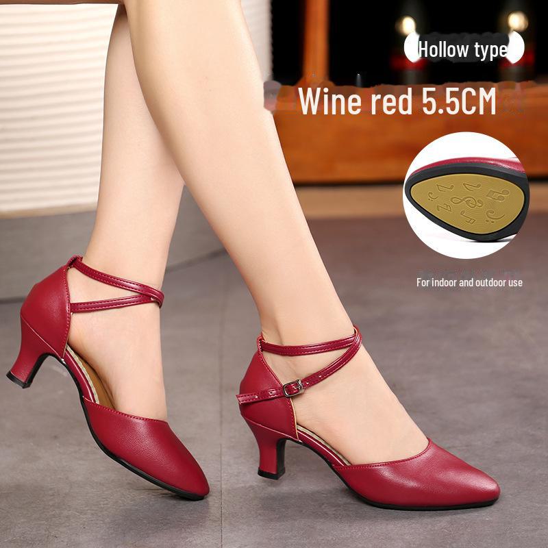 Женские туфли для латинских танцев из натуральной кожи, красная воловья кожа, мягкая подошва, средний/высокий каблук, стиль Square Dance.