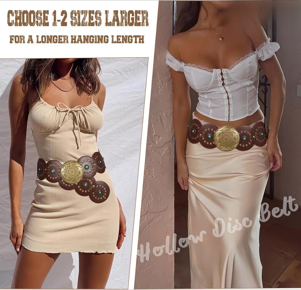 Western Leather Belts For Woman Concho Cowgirl Cowboy Disc Belt For Ladies Wide Boho Country Waist Belts For Dress