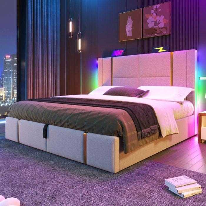 Lit rembourré - MUVOE - 160x200 - USB Type C - Éclairage LED - Beige