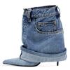 Fashion Blue Denim Slim Heel Cuffed Short Boots Rivet Pocket Design Pointed Toe Metal Buckle High Heel Fashion Large Size 45 Women Boots