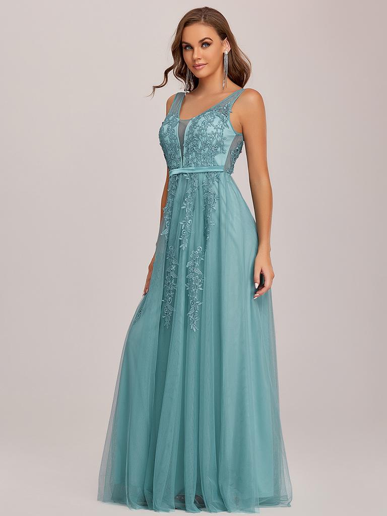 Элегантные женские вечерние платья Ever-Pretty из струящегося тюля с прозрачными аппликациями и V-образным вырезом без рукавов