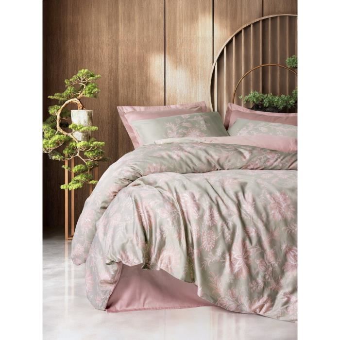 Parure de lit - 1 housse de couette 220 x 240 cm + 2 taies d'oreiller 60 x 60 cm - Satiné 100% coton - Poudre