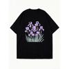 Black Oversized T Shirt With Purple Iris Flower Print For Casual Wear