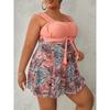 Plus Size Modest Tankini Set, Women's Plus Contrast Tropical Print Knot Front Dress & Shorts Swimsuit 2 Piece Set for Koningsdag & King's Day