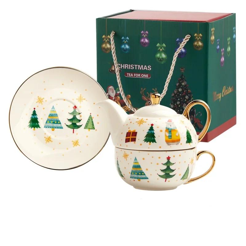 420ml Christmas Ceramic Gold-plated Teapot Cup and Saucer Set with Christmas Graffiti Coffee Flower Tea Set Christmas Gift