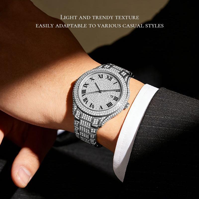 Mens Diamond Watches Quartz with Date Display Zinc Alloy Daily Waterproof Hip Hop Luxury Watch