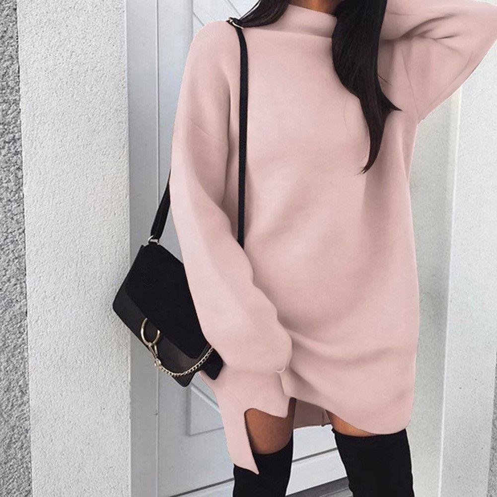 Winter Warm Long Sleeve Women Knitted Slit Sweater Dress  Turtleneck Sweaters  Female Clothes