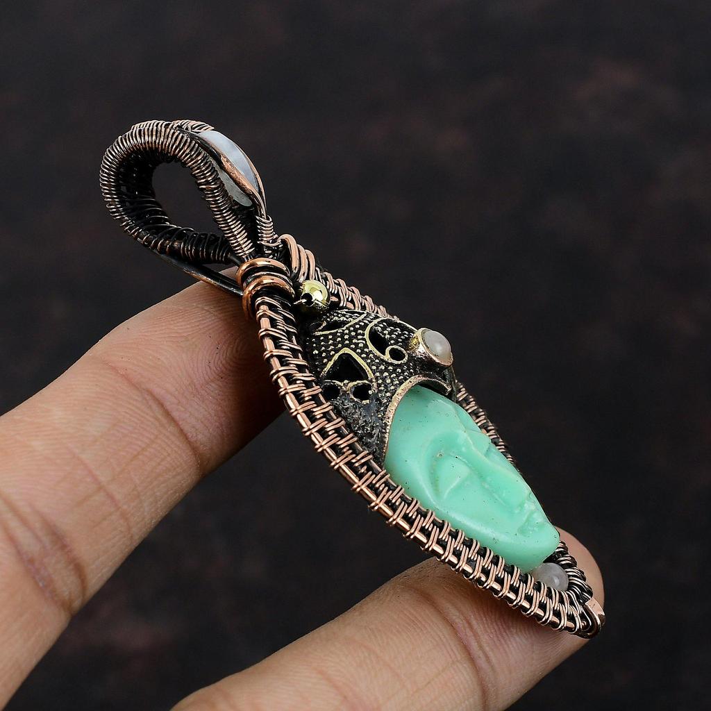 Зеленый резной кулон с лицом из кости, медная проволока, обернутые ювелирные изделия, кулон ручной работы, радужный лунный камень, ювелирный подарок для женщин, медный кулон с драгоценным камнем