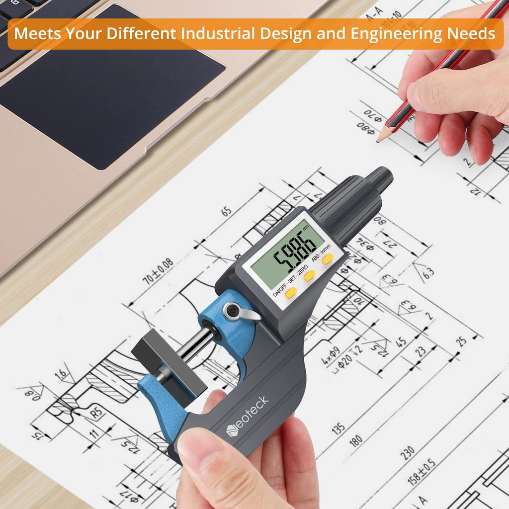 Neoteck Digital Micrometer Thickness Measuring Instrument 0-25mm LCD display