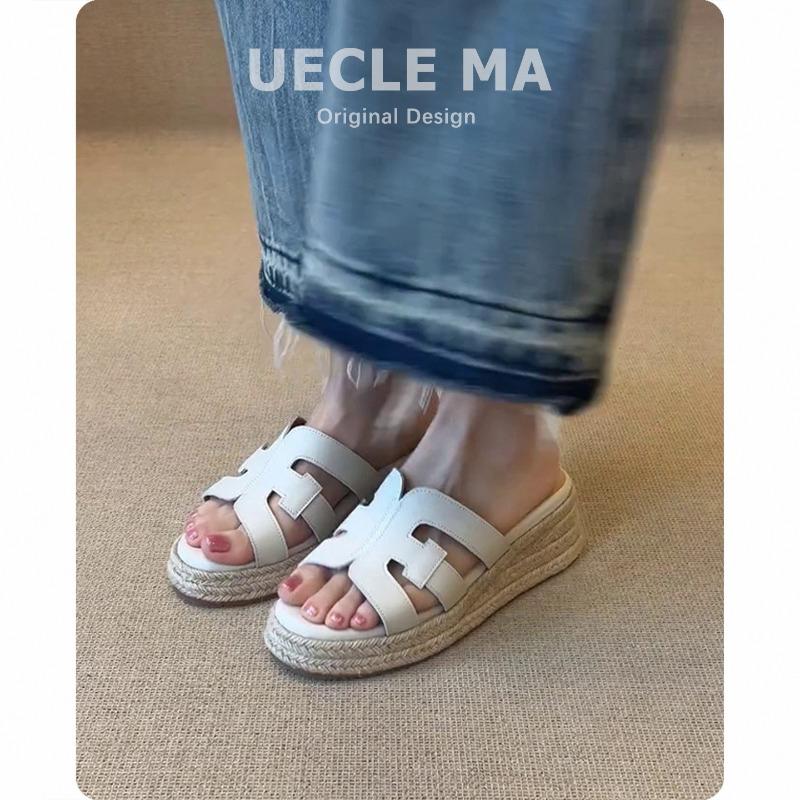 Sheepskin Version~ Thick-soled Leather Wedge Slippers Women's Summer Wear with Skirts To Increase Height and Not Tire Feet Cool Slippers