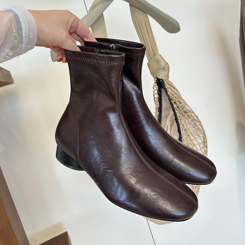 Мода Мода Круглый Носок Женские Современные Ботильоны Обувь Молнии Женские Эластичные Короткие Ботинки Женские С Круглым Каблуком Обувь Туфли