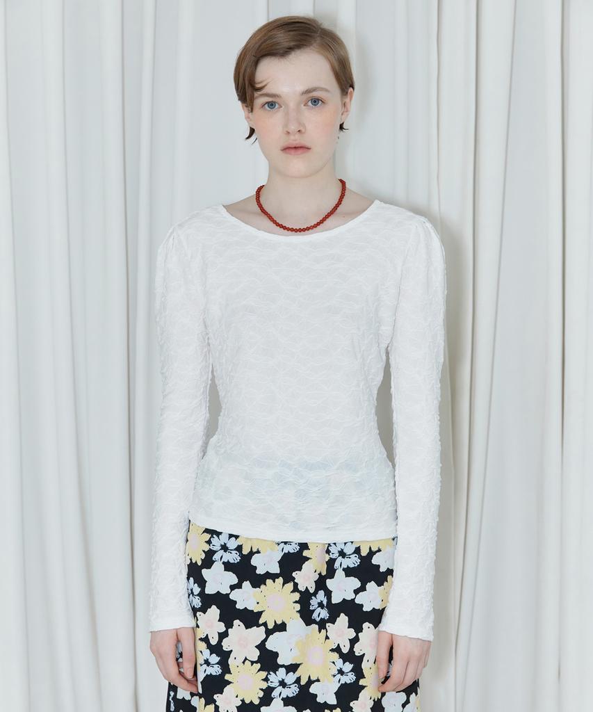 SINOON Jacquard Puff Sleeve T-Shirt (White)