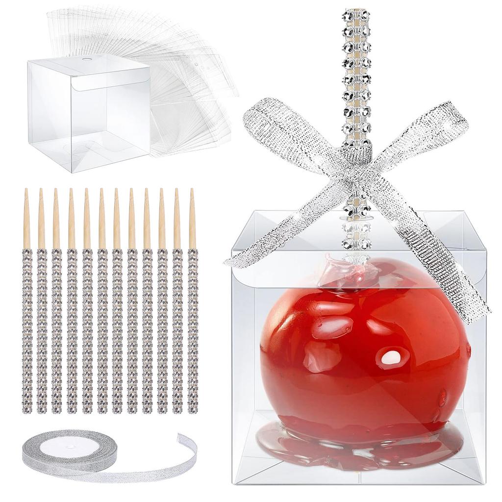 Candy Apple Boxes with Bling Stick Hole Set,with Clear Containers & Rhinestone Bamboo Skewers & Glitter Ribbons