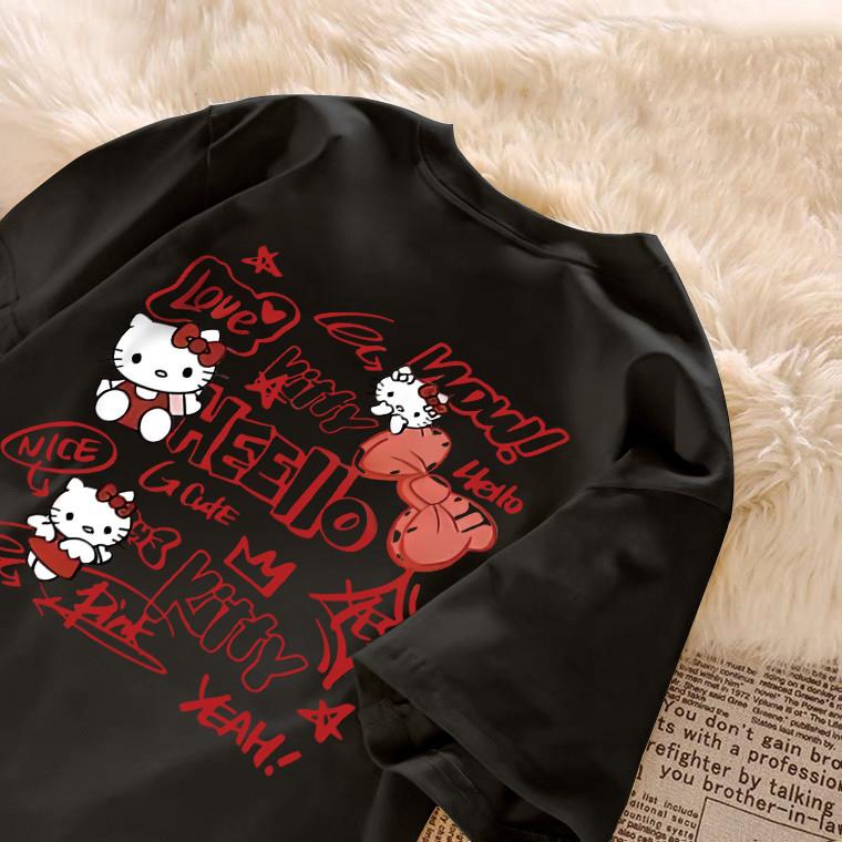 2026 Summer Hello Kitty American Graffiti Style Theme Cotton Print Ladies Tshirt Casual Comfortable Cotton Streetwear