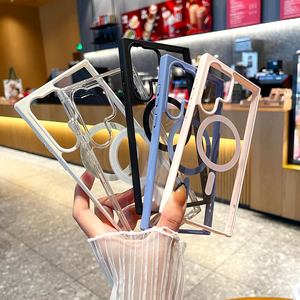 Luxury Transparent Wireless Charge For Magsafe Case For Samsung Galaxy S24 S23 S22 Ultra Plus Silicone Clear Cover Cases