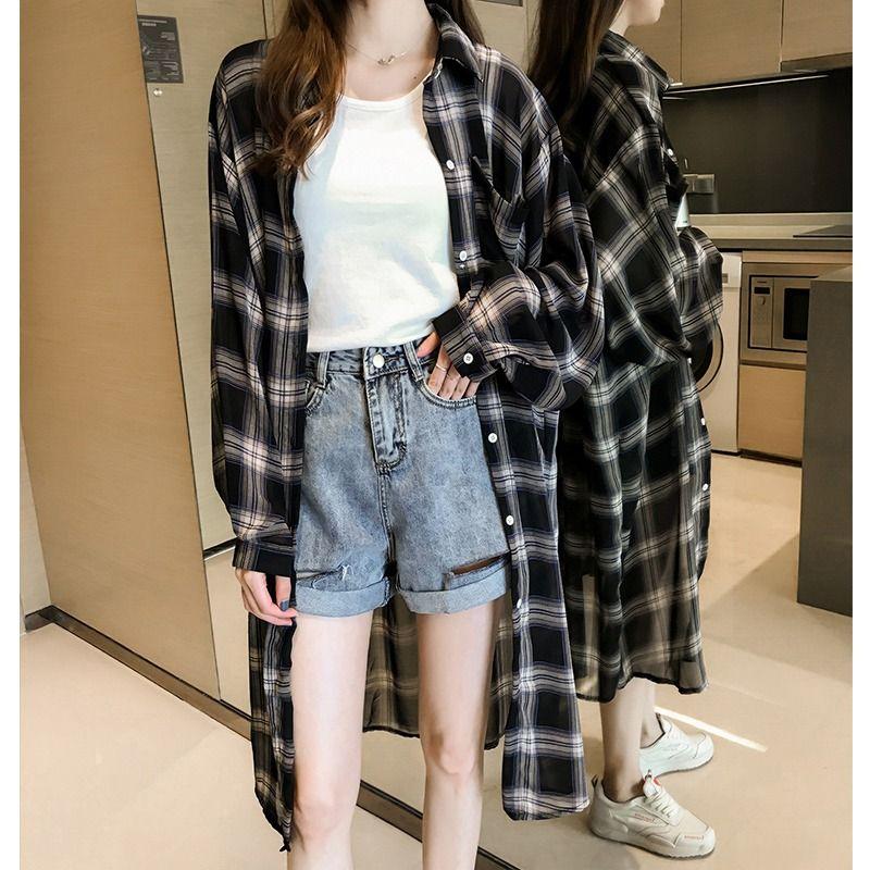 Summer Coat Loose Top Plus Plaid Mid Length Long Sleeved Cardigan Thin Cut Sun Protection Shirt Shirt