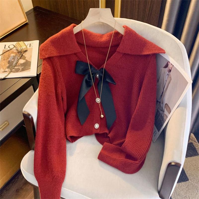Свитер с воротником-бабочкой, кардиган, вязаная куртка, женская зимняя 2023, французский мягкий восковой Повседневный кардиган с длинными рукавами, женский топ