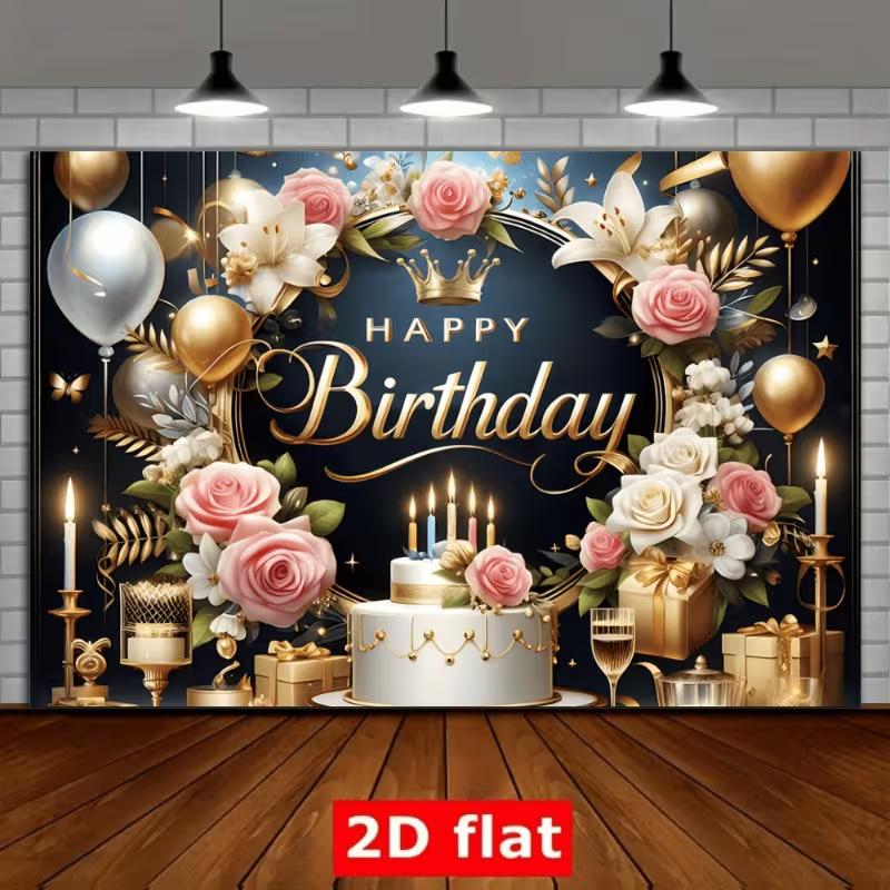 2D Floral Crown Birthday Backdrop, Luxury Black Gold Party Decoration Banner