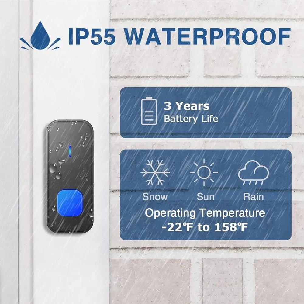 Беспроводной водонепроницаемый умный дверной звонок для домашней безопасности, 55 песен, 5 уровней громкости, цветной светодиодный мигающий дверной звонок