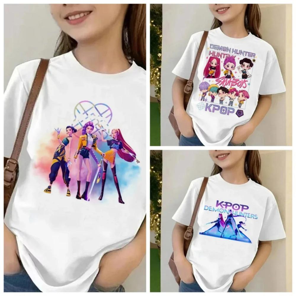 2025 Фильм KPop Охотники на демонов Футболка Летняя с коротким рукавом Футболка для детей Повседневная Свободная Девочка Мальчик Графический Принт Топы