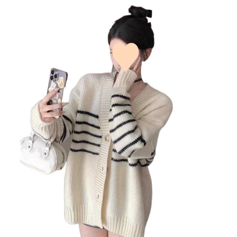 Women's Soft Striped Knitted Cardigan - Unique Lazy Style Sweater Coat for Spring & Autumn 2024