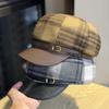 Versatile Leather Brim Plaid Octagonal Hat for Women In Spring and Autumn Trendy Painter's Hat with Small Face and Elegant Temperament