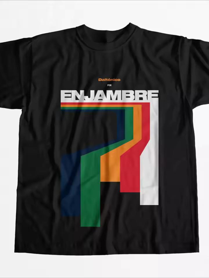 Men's black graphic T-shirt featuring striking Enjambre lettering and vibrant geometric design Loose-fitting couple's streetwear