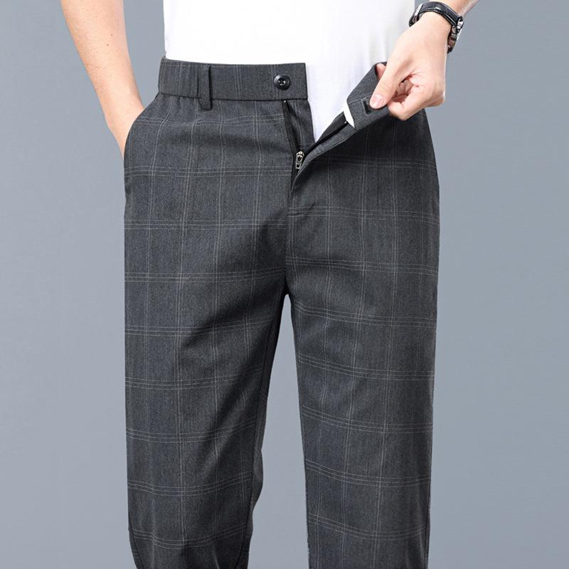 Summer Thin Plaid Formal Stretch Pants Men Slim Business Grey Black Casual Pant Fashion Male Clothing England Trousers
