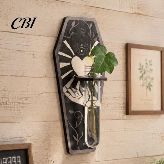 Dark Academia Home Decor Wooden Halloween Decorations, Plant Propagation Station Wall Hanging, Gothic Haunted House Party Supplies Coffin-Shaped Test