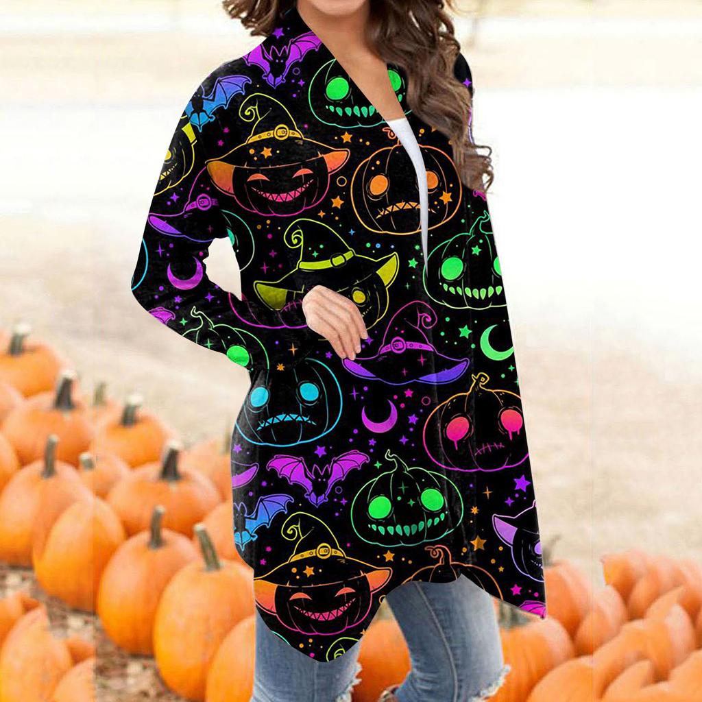 Women's Fashion Casual Floral Halloween Print Medium Length Cardigan Jacket Coat