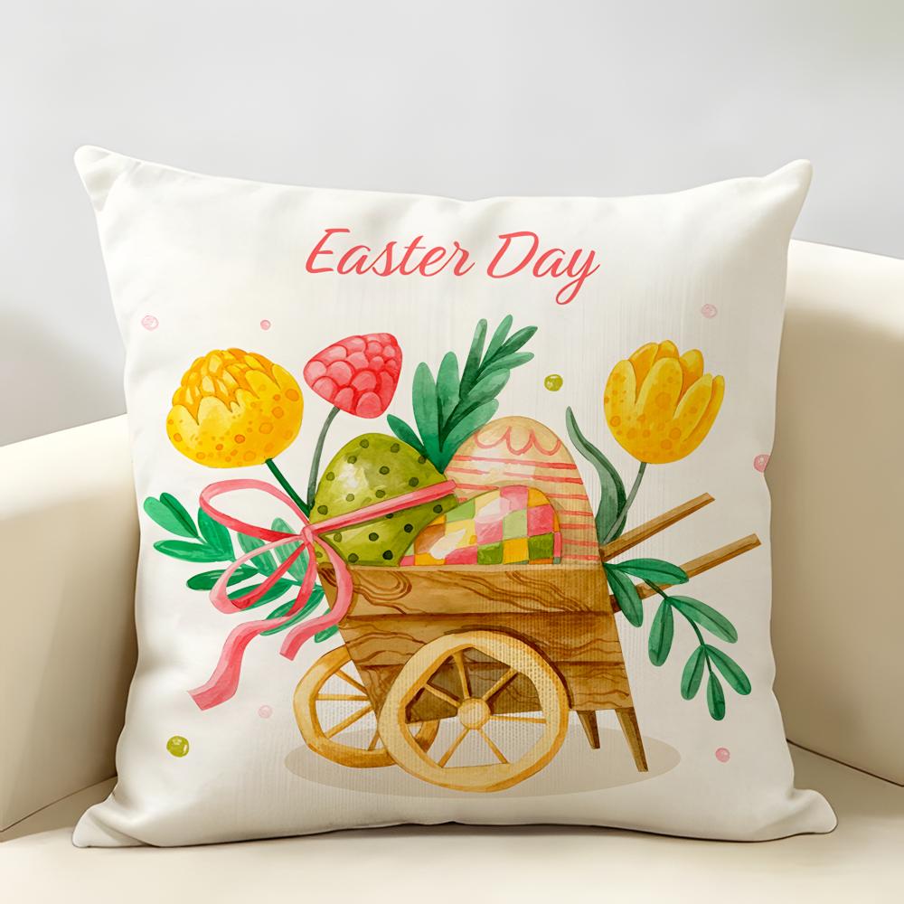 Happy Easter Rabbit Cute Cushion Cover Natural Linen Organic Fabric DoubleSided Printing Room Sofa Decor Pillow Case