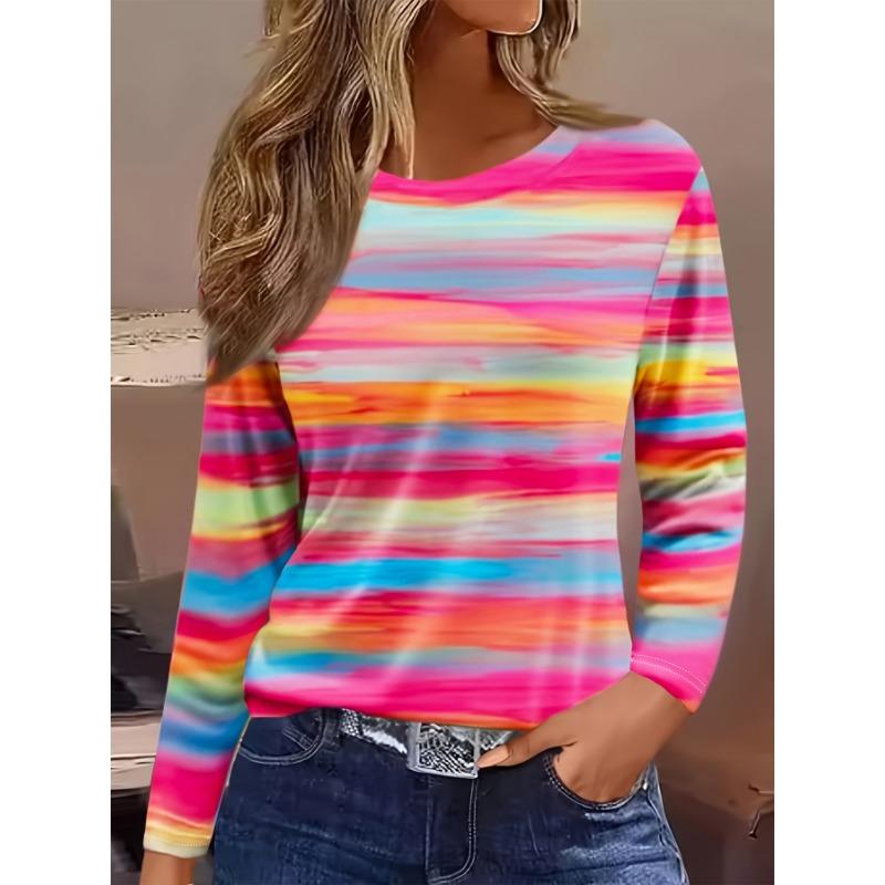 Vitality Round Neck Medium Sleeve T-shirt, with Colorful Rainbow Stripes as the Pattern, Bright Colors, Full of Youthful Dynamic Atmosphere