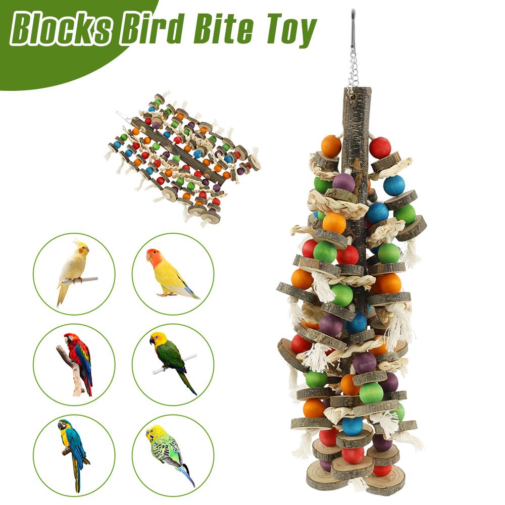 Blocks Bird Bite Toy Handmade Wooden Parrot Cage Bite Toy With Top Hook Soothing Pet Chewing Toy Decorative Bird Cage Supplies