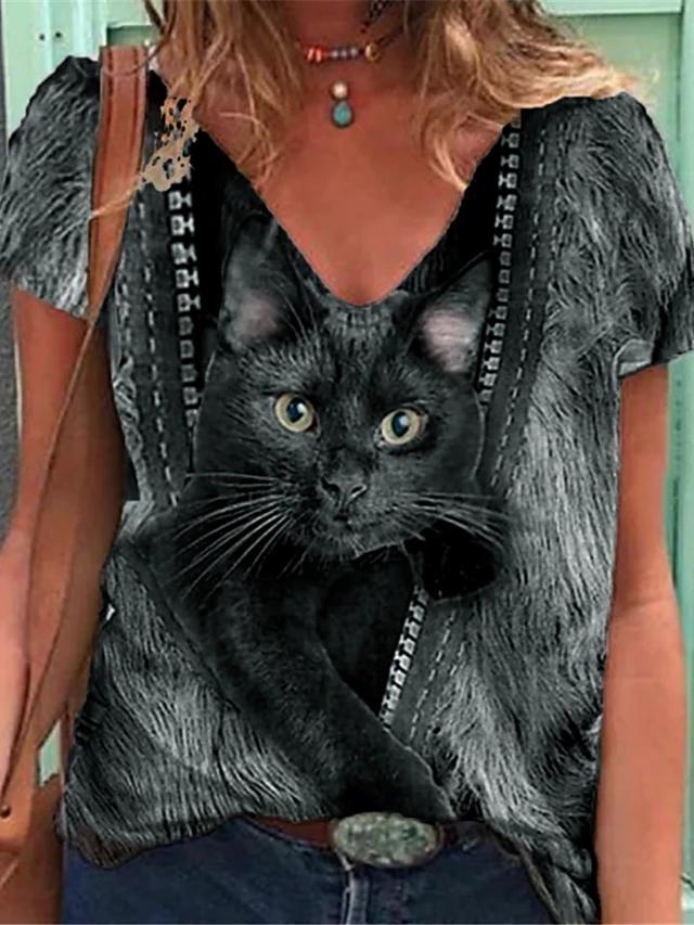 Fashion Spring Black Cat Print Blouses Short Sleeved V-Neck T Shirts Casual