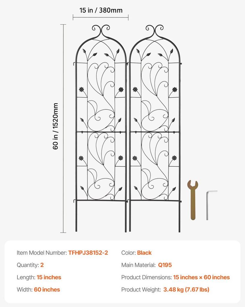 2 Packs Metal Garden Trellis for Climbing Plant Support 60x15 in Rustproof