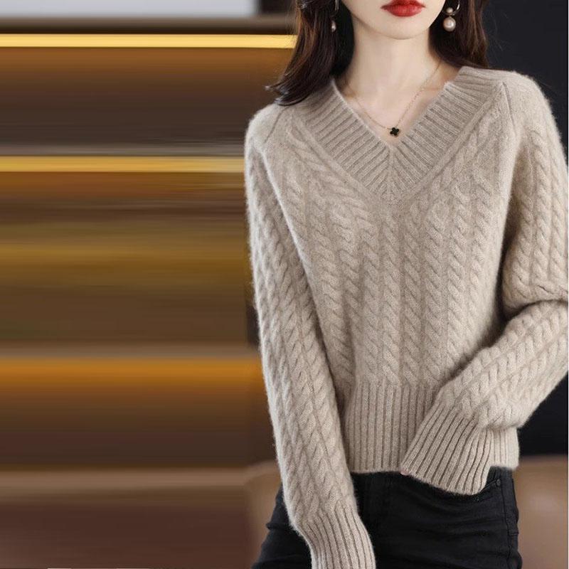 Пуловер на осень и зиму, женский трикотаж с v-образным вырезом, витой цветок, свободный вязаный однотонный короткий пуловер с длинными рукавами, женский свитер