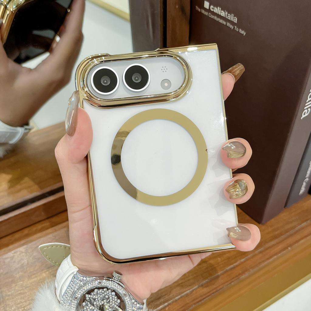 Luxury Transparent Electroplated Magnetic Phone Case for IPhone Ultra 18 Fold Shockproof for Magsafe Hinge Protective Slim Cover