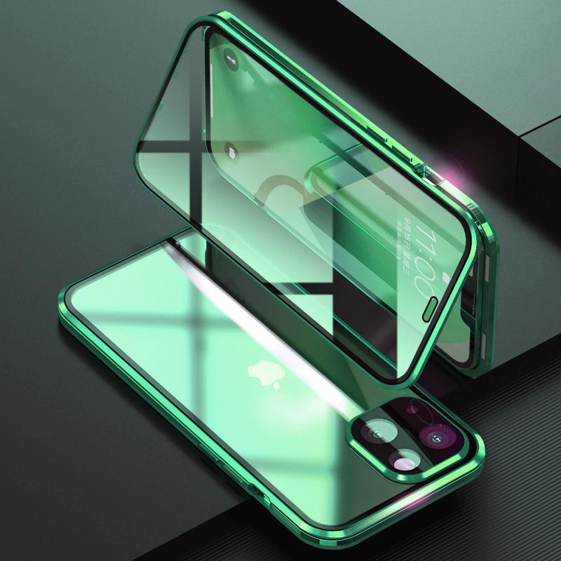 360 металлический магнитный адсорбционный чехол для iPhone 16 15 14 13 12 11 Pro Max Plus двухсторонний стеклянный чехол с пряжкой для полной защиты объектива камеры