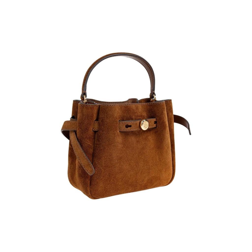 TORY BURCH Romy Gold Logo Bucket Bag Cowhide Leather Shoulder and Handbag Mini Women Caramel Color