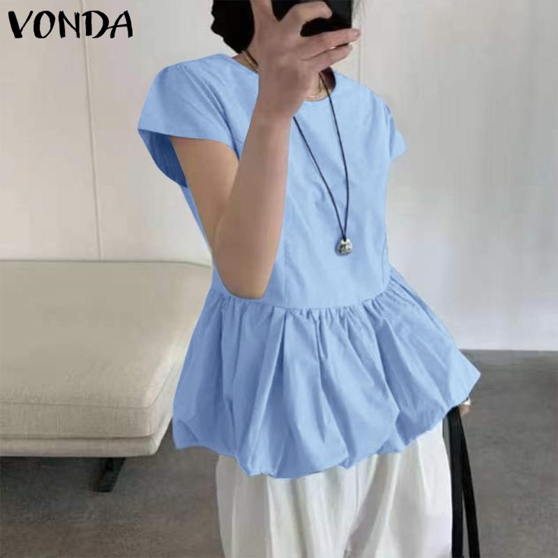 VONDA Летняя женская однотонная повседневная блузка с круглым вырезом и коротким рукавом с оборками